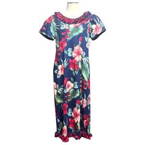 Karyl Kaye Made in Hawaii Short Sleeve Ruffle Midi Dress Blue Red Pink 12